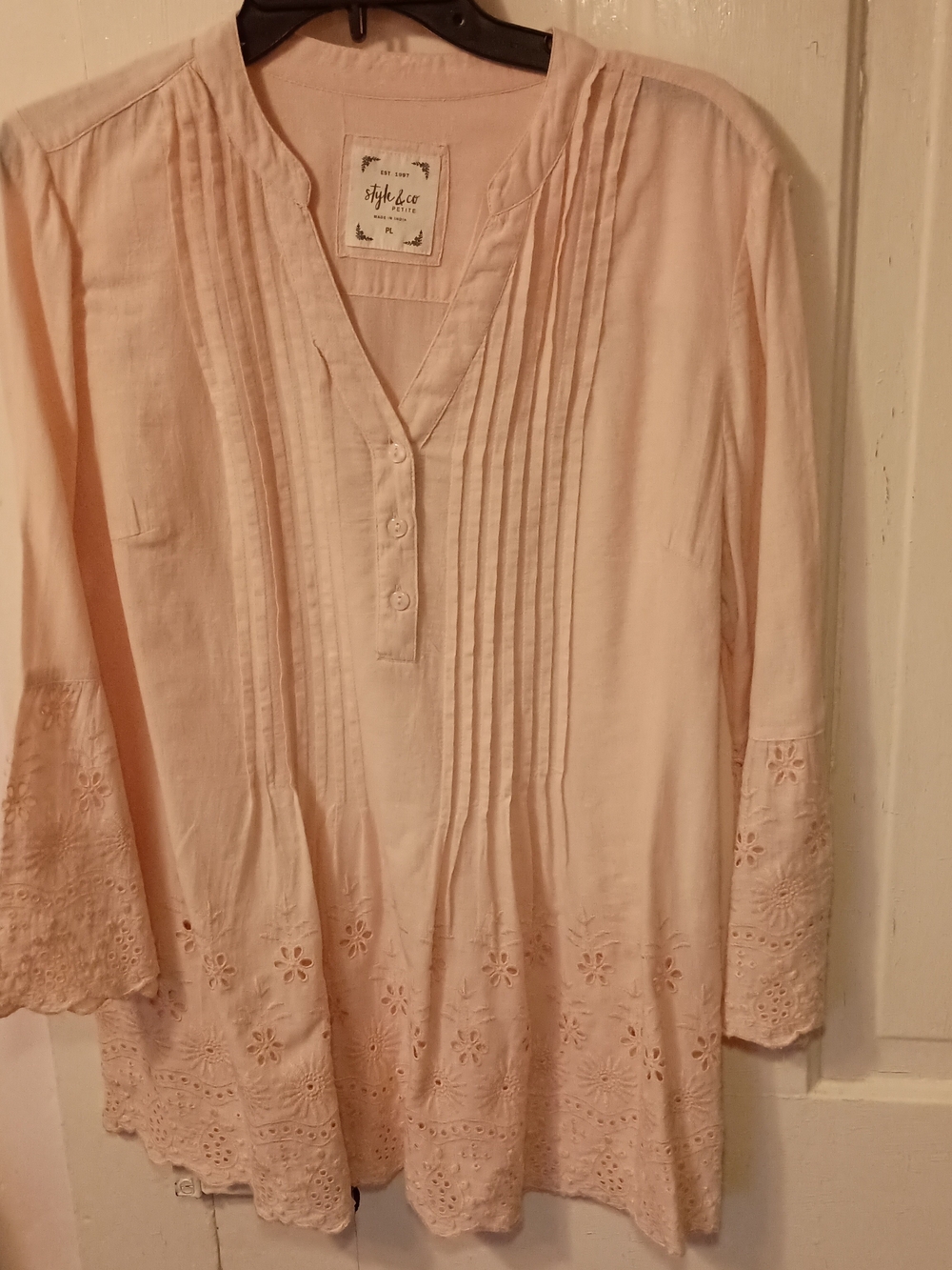 CO Light Pink Pintuck Peasant Blouse with Eyelet Hem